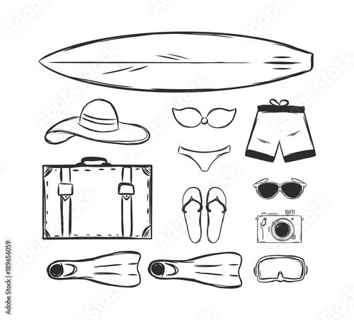 Vector illustration: Hand drawn set of Summer vacation elements. Sketch design