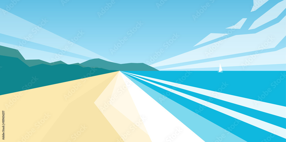 Vector illustration: Geometric graphic summer landscape with ocean tropical beach.