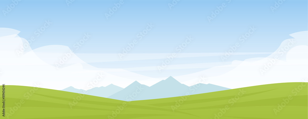 Fototapeta premium Ilustracja wektorowa: Lato panoramiczny kreskówka płaski krajobraz z góry, wzgórza i zielone pola.