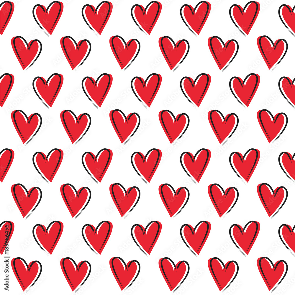 Simple seamless pattern with red hearts on a white background.