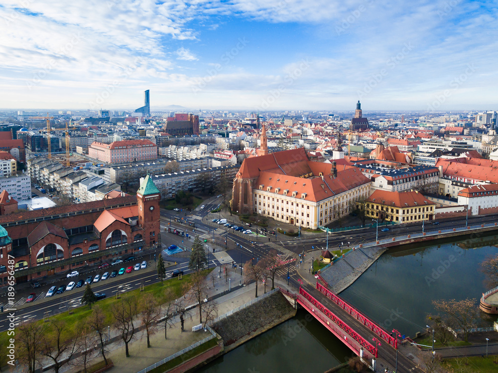 Aerial: Cityscape of Wroclaw in spring time