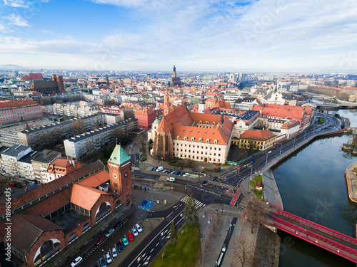 Aerial: Cityscape of Wroclaw in spring time