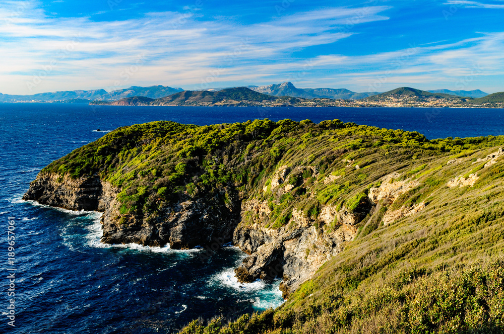 Island coast on a windy day