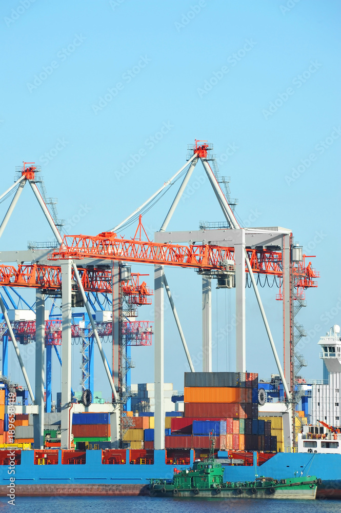 Port cargo crane, ship and container