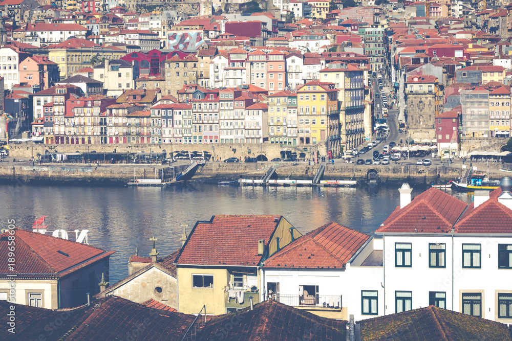Douro river and Ribeira from roofs at Vila Nova de Gaia, Porto, Portugal.