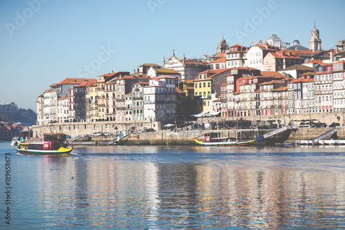 Douro river and Ribeira from roofs at Vila Nova de Gaia  Porto  Portugal.