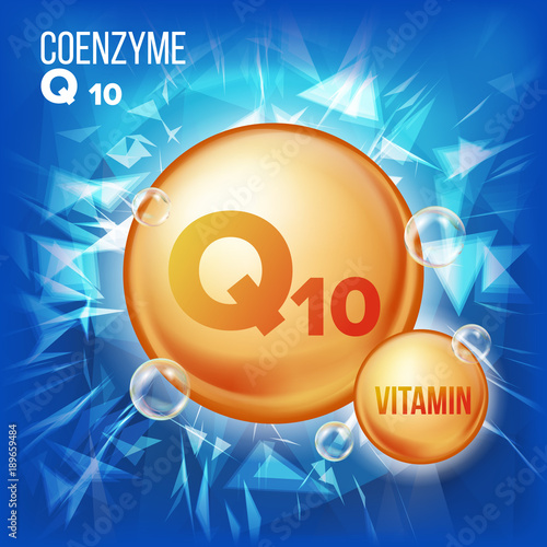 Vitamin Q10 Coenzyme Vector. Organic Vitamin Gold Pill Icon. Medicine Capsule, Golden Substance. For Beauty, Cosmetic, Heath Promo Ads Design. 3D Vitamin Complex With Chemical Formula. Illustration