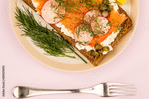Smoked Salmon With Cream Cheese and Radishes Open Face Rye Bread Sandwich