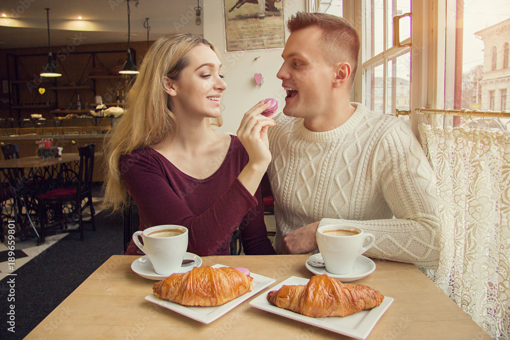 Croissants And Coffee French Breakfast In Cafe For Couple Stock