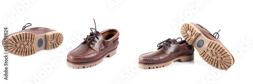 Male brown leather shoe on white background, isolated product, comfortable footwear.