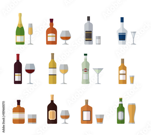 Alcohol bottles and glasses. Icons set. Vector illustration.