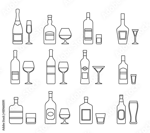 Outline icons of alcohol bottles beverages and glasses. Vector illustration.