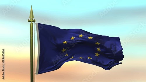 National Flag of  European Union  waving in the wind against the sunset sky background slow motion Seamless Loop Animation 