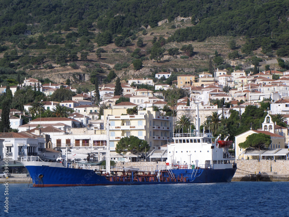 A ship near a greece coastal town