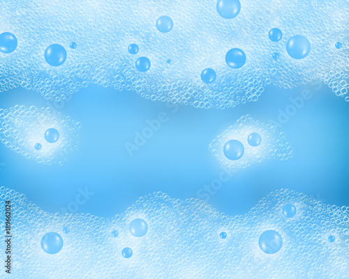 Soap or shampoo foam frame on clean blue background for hygiene products advertisement, children illustration about washing and bathing.