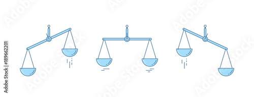 Set of scales. Bowls of scales in balance, an imbalance of scales. Vector illustration. Line design.