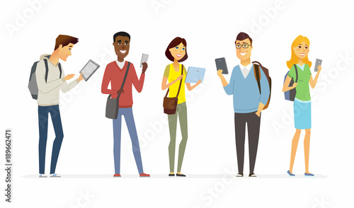 Happy students checking their phones - cartoon people characters isolated illustration