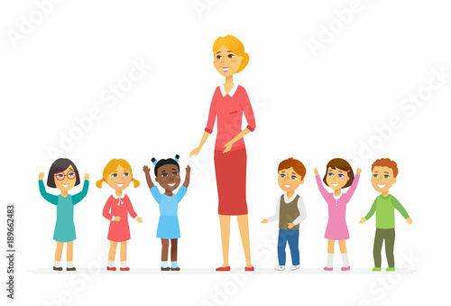 Kindergarten teacher with children - cartoon people characters isolated illustration