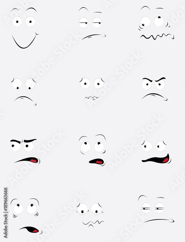 a vector cartoon representing a funny set of the same face in different expressions and behavior. Every object is singly grouped and you can easily add the expression you'll need to your design.