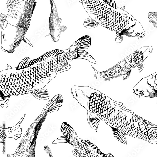 Nature hand draw seamless pattern with black contour Fish isolated on white background. Vector illustration in japanese style can be used as print for t-shirt, textile, wrapping