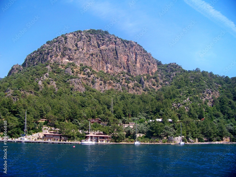 Rock in the Ekincik National Turkish park. Europe. Mediterranean sea. Sud-western coast of Turkish riviera between Marmaris and Gocek towns.. May 2013.