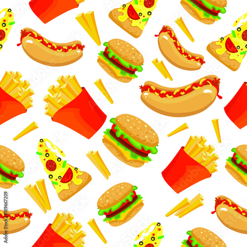 Vector pattern with fast food. Hamburger, potato, hot-dog and pizza. Isolated on white background.