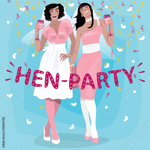 Girls in pink wedding dresses welcome to hen party