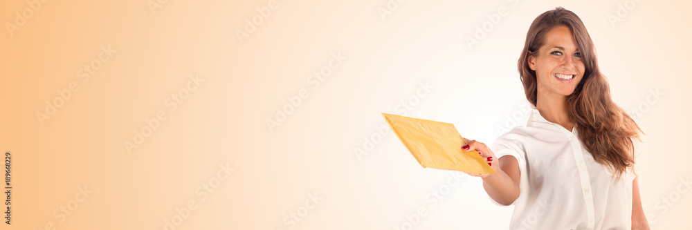 Pretty woman holding a blank envelope, isolated on white, customizable background Pretty woman holding a blank envelope, isolated on white, customizable background