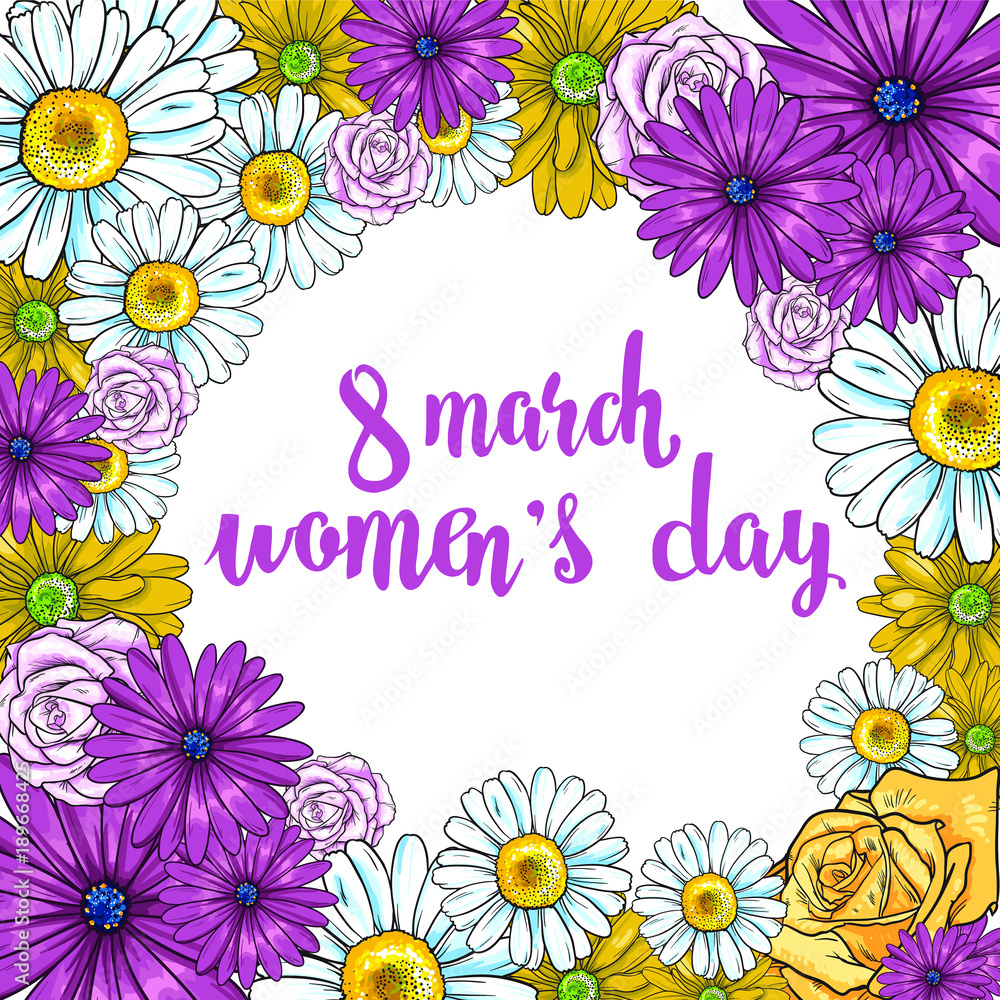 Vector design for women's day card. Many beautiful flower. Happy eight march. Illustration isolated on white background. Can be used for some poster, print or cards.