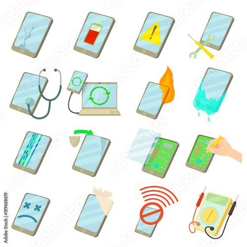 Repair phones fix icons set, cartoon style