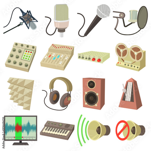 Recording studio symbols icons set, cartoon style