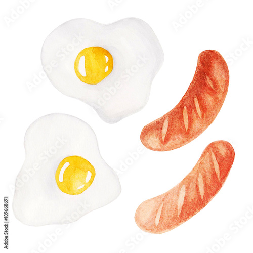 Wattercolor egg and sausage illustration. Breakfast. For design, card, print or background