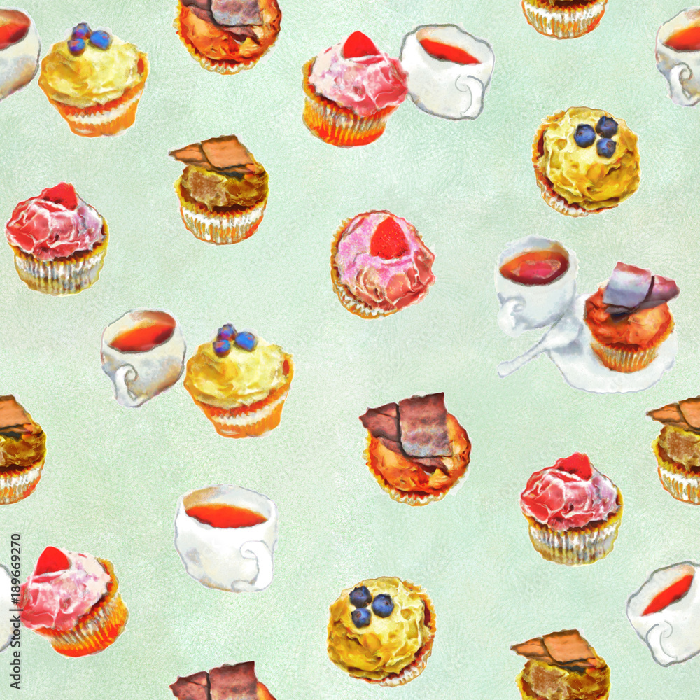 cakes muffins and a cup with tea on a green - a background seamless