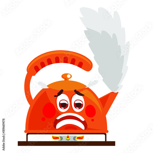 Fun cartoon boiling kettle character, vector illustration isolated on white background