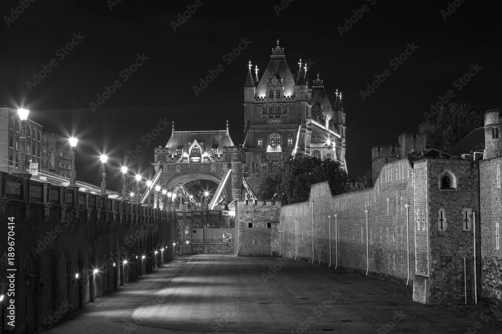 London - The Tower bridge and the moat of Tower at night.