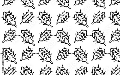 A pattern of black and white hops on a white background. Beer ingredients. Branches of hops turned to the side. Seamless vector illustration.