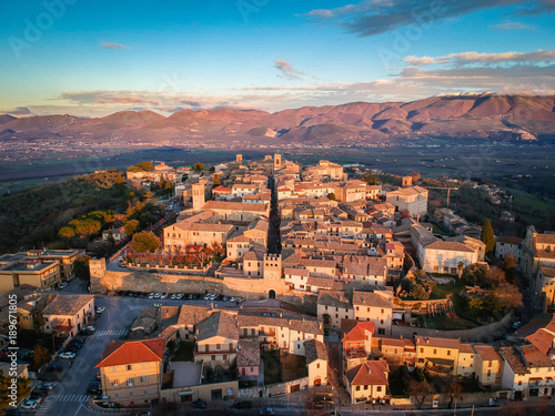 Montefalco, Umbria, Italy. The photo above the town in the sunset light