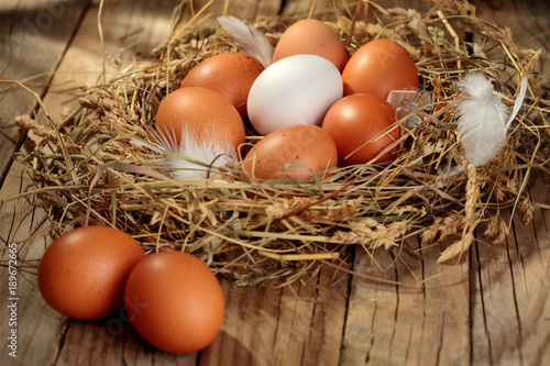 Hen organic eggs in the nest. On wooden rustic background.Copy space