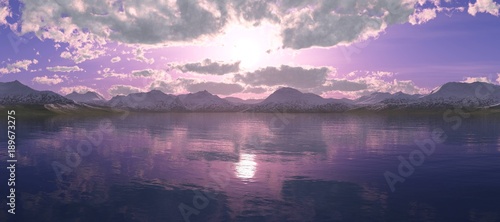 Panorama of the sunset on a mountain lake