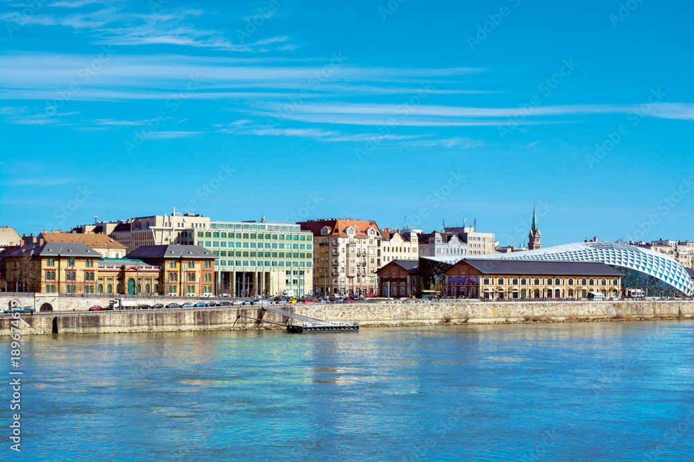Pest river bank of Budapest view including Corvinus university and library, Bálna cultural cerner