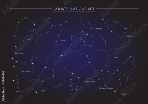 constellation in cosmos background, group of star in galaxy, astronomy set, vector illustration