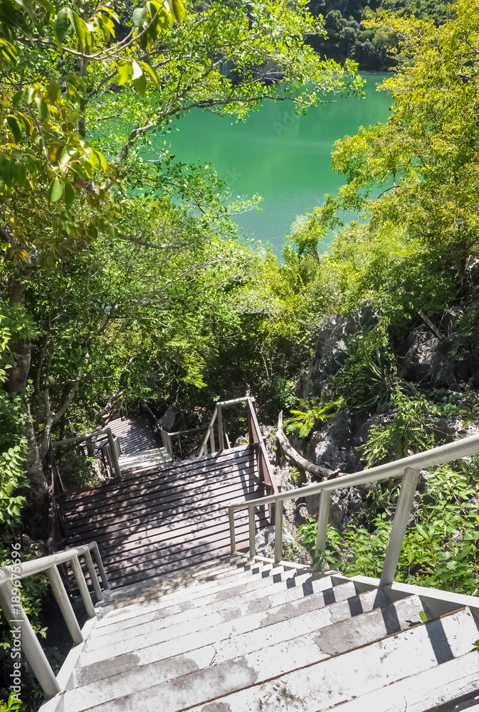 steep staircase overlooking the lake of the Gulf of Siam
