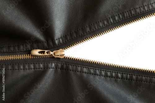 not fully buttoned metal zipper on a leather jacket