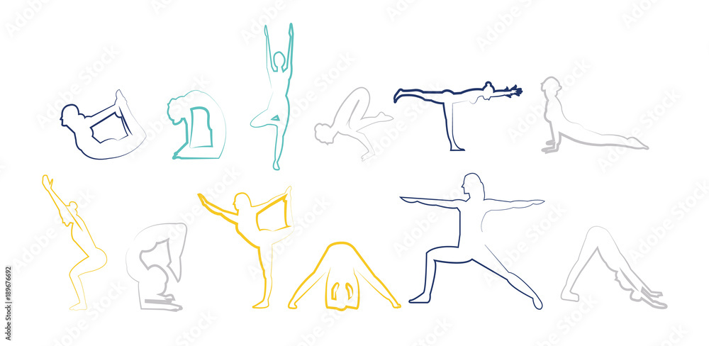 Set of different yoga poses drawings