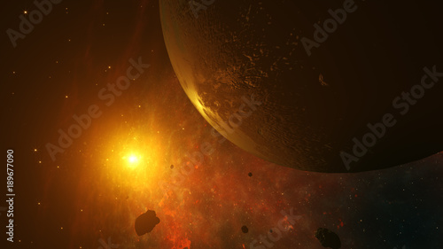 Fototapeta Naklejka Na Ścianę i Meble -  Flying in space amongst asteroids and planets 3d illustration