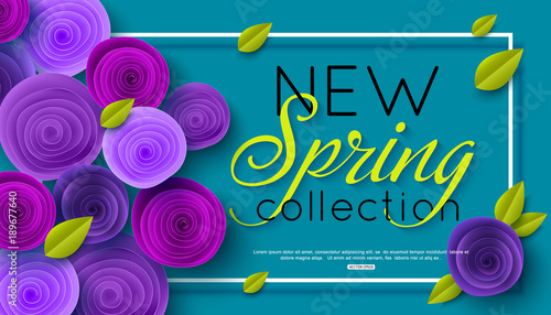 New Spring Collection background decorated ultra violet paper rose flowers. Vector illustration