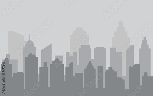 Abstract city building skyline with road and grass. Buildings silhouette. Urban Landscape. Cityscape background in flat style. Modern city landscape.