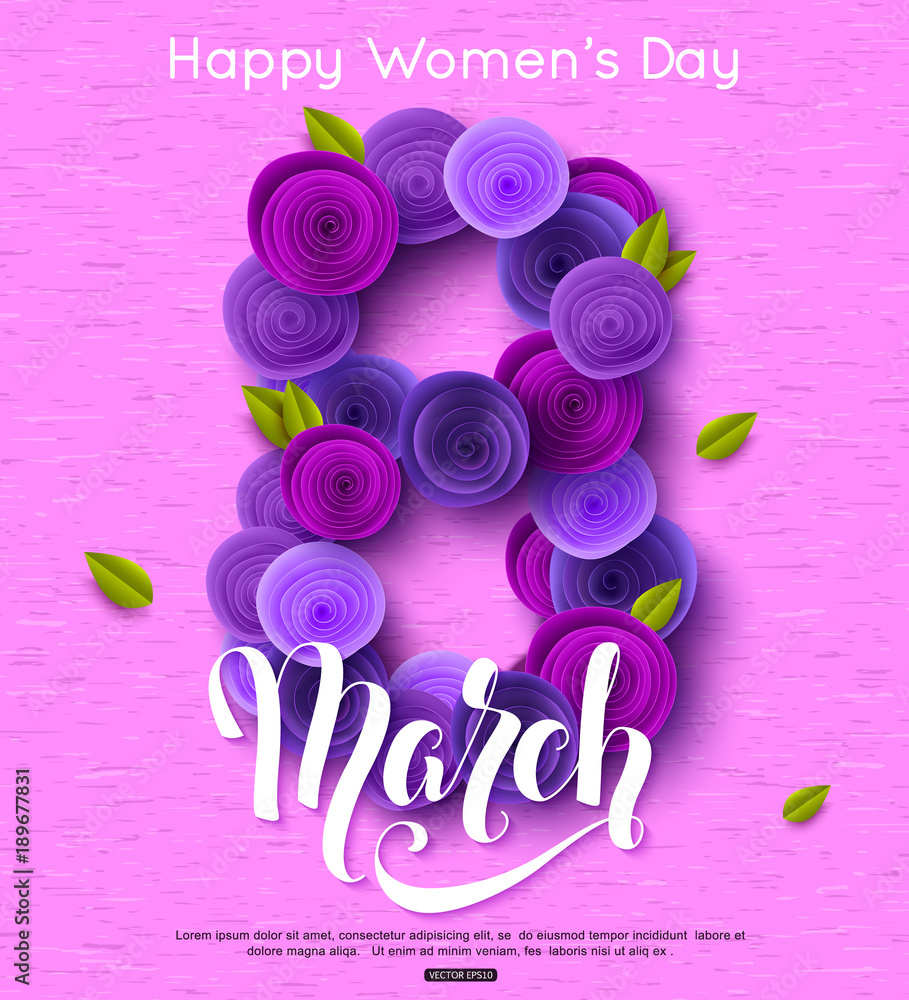 8 March greeting card ultra violet paper rose flowers decoration. International  Women's Day background with handwritten lettering inscription. Vector  illustration Stock Vector | Adobe Stock