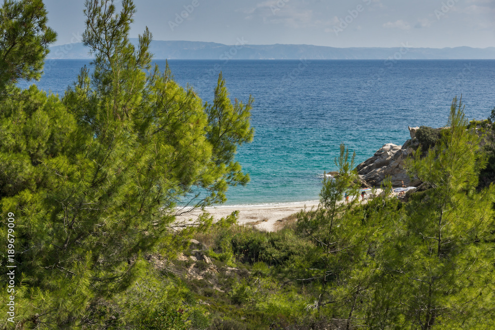 Obraz premium Seascape of Fava Beach Vourvourou at Sithonia peninsula, Chalkidiki, Central Macedonia, Greece