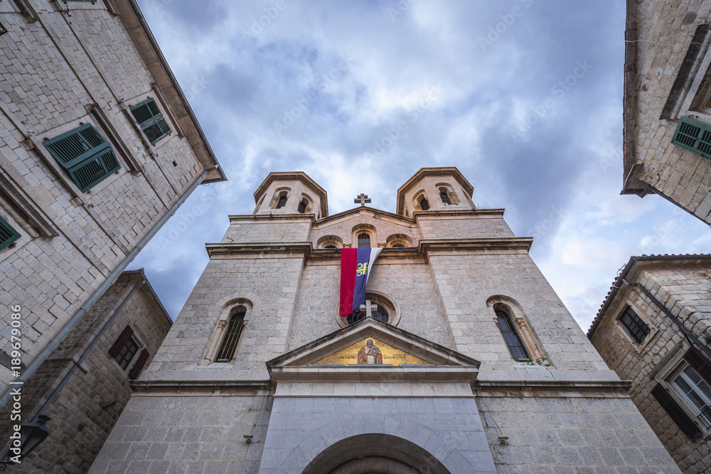 Facade of Serbian Orthodox Church of Saint Nicholas on the Old Town of Kotor coastal city, located in Bay of Kotor of Adriatic Sea, Montenegro